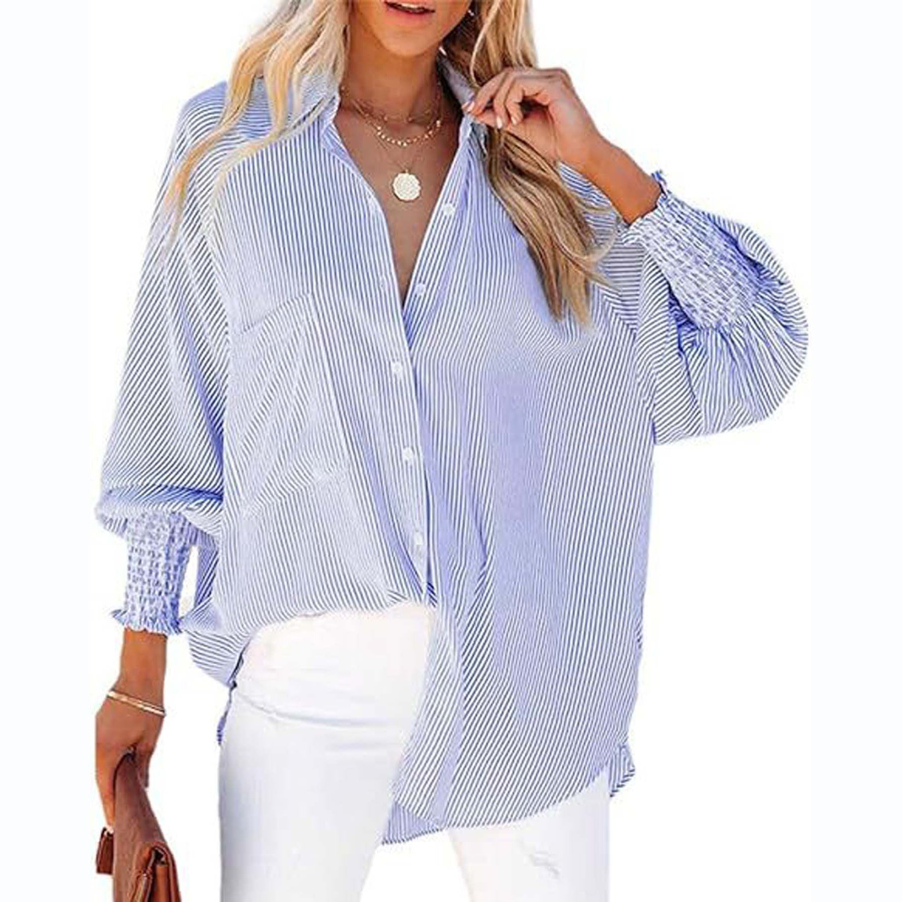Women's Striped Long Sleeve Loose Shirt Casual Tops
