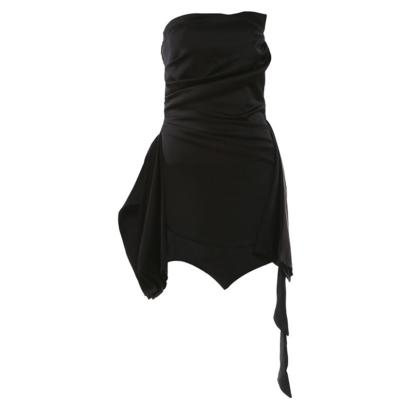 Women's Graceful Tube Backless Waist Trimming Pleated Solid Dress