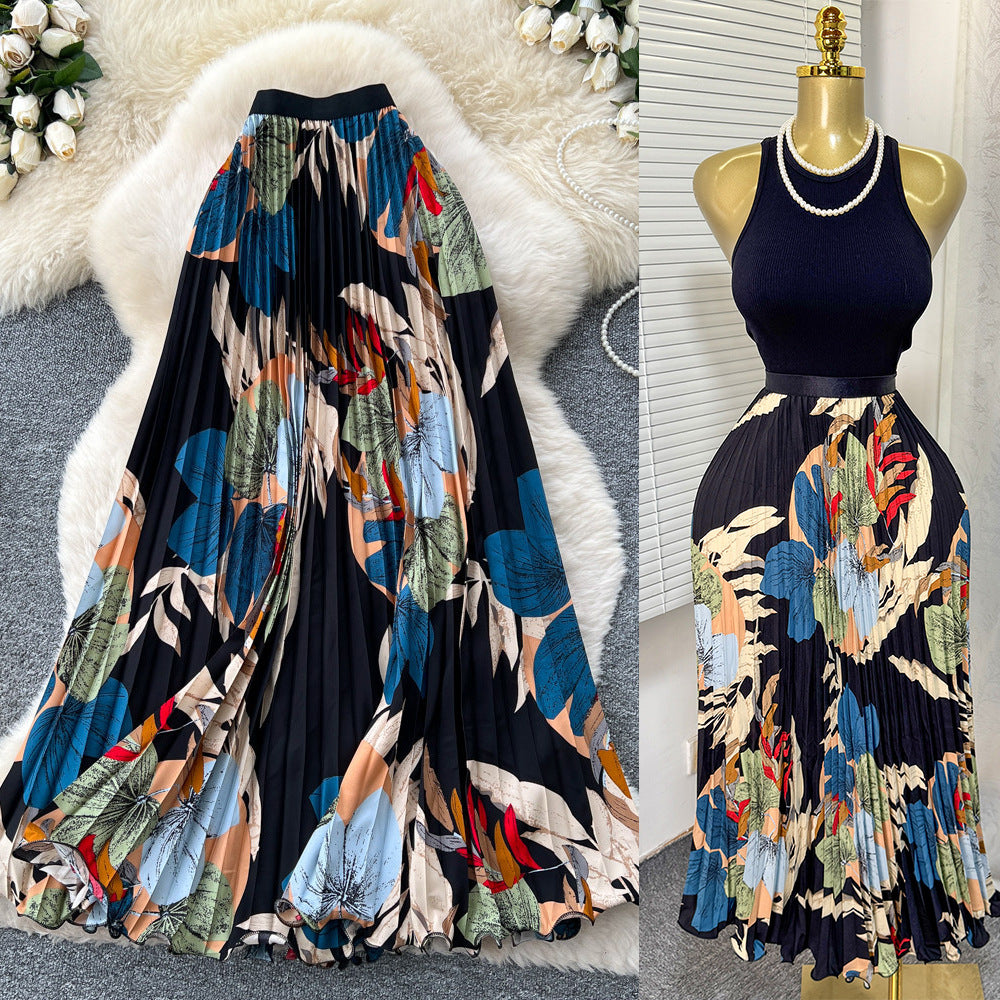 Women's Retro Printed High Waist A- Line Mid-length Pleated Large Hem Skirt