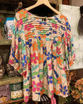 Women's Pleated Round Neck Printed Shirt Blouse