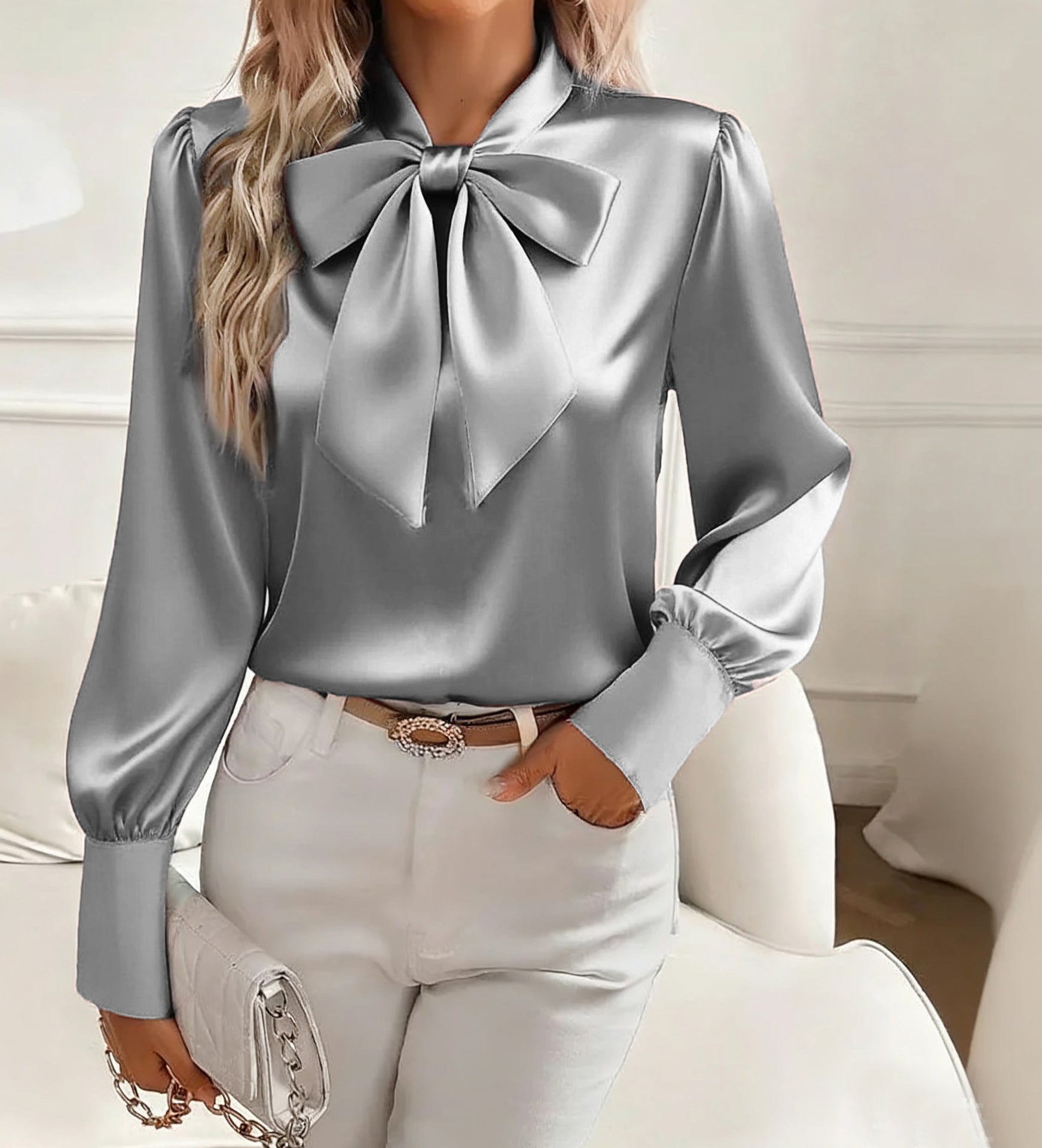 Women's Autumn Long Sleeve Bowknot Satin Shirt Tops