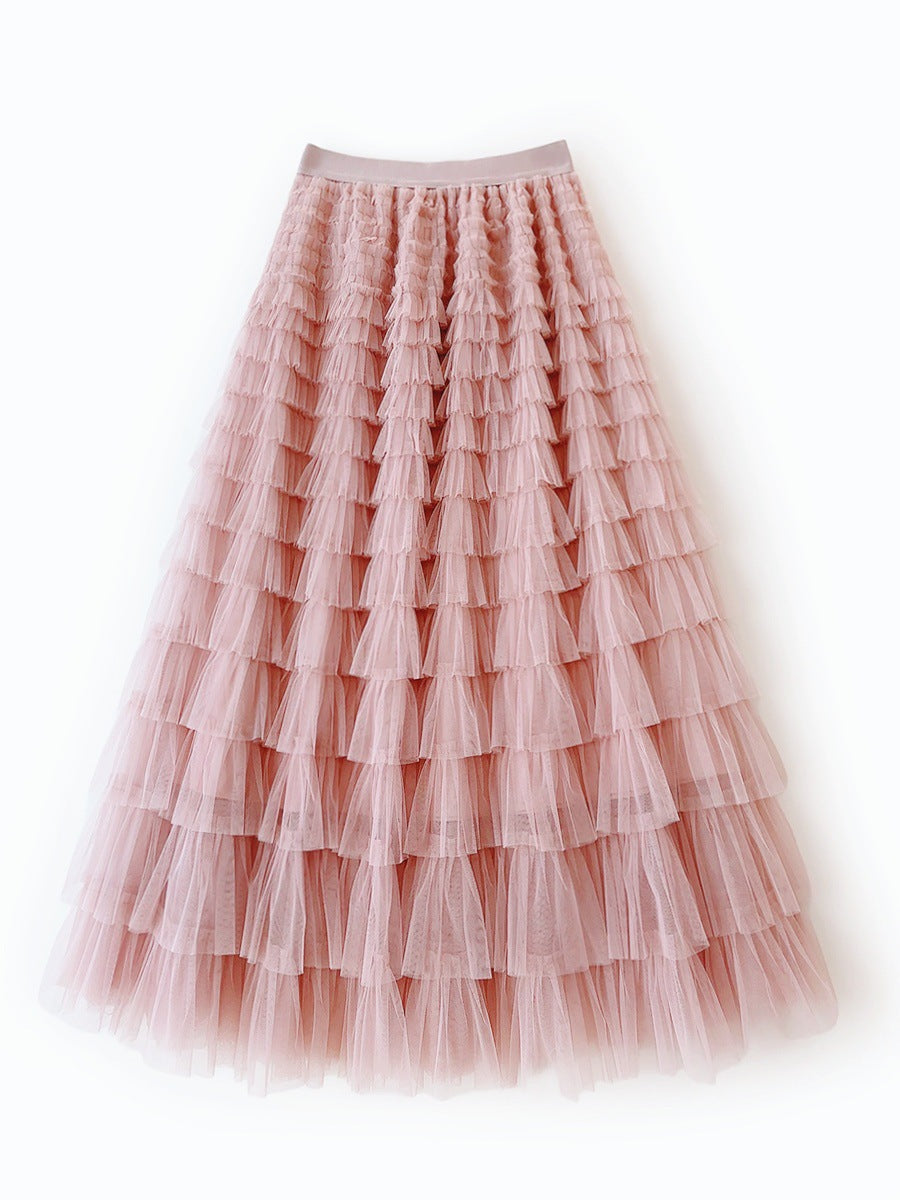 Women's Long Autumn Elegant Solid Color High Waist Net Yarn Cake Skirts