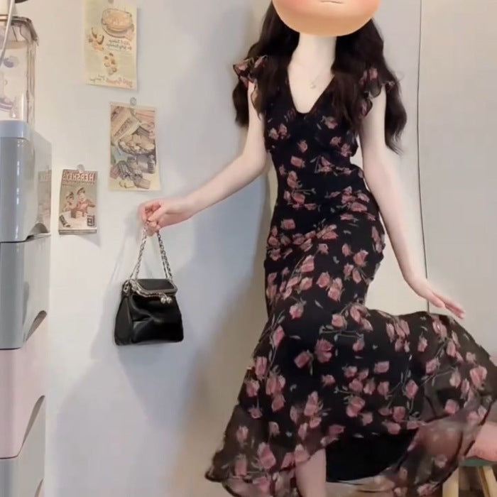 Women's Style Flying Sleeve Black Shivering Summer Korean Elegant Dress