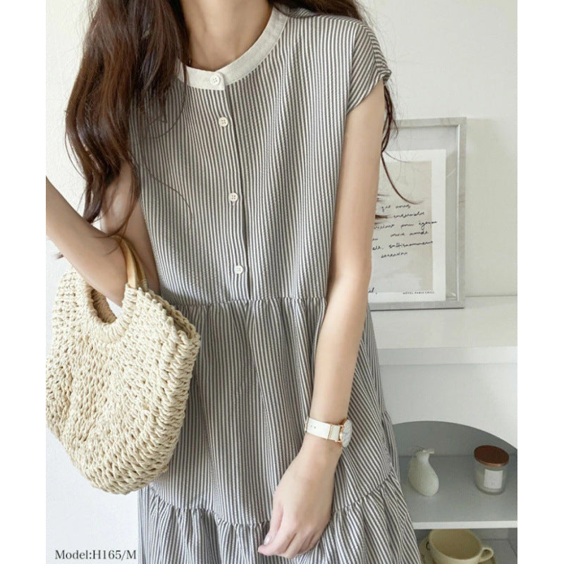 Summer Sweet Back Collar Sleeveless Striped Dress
