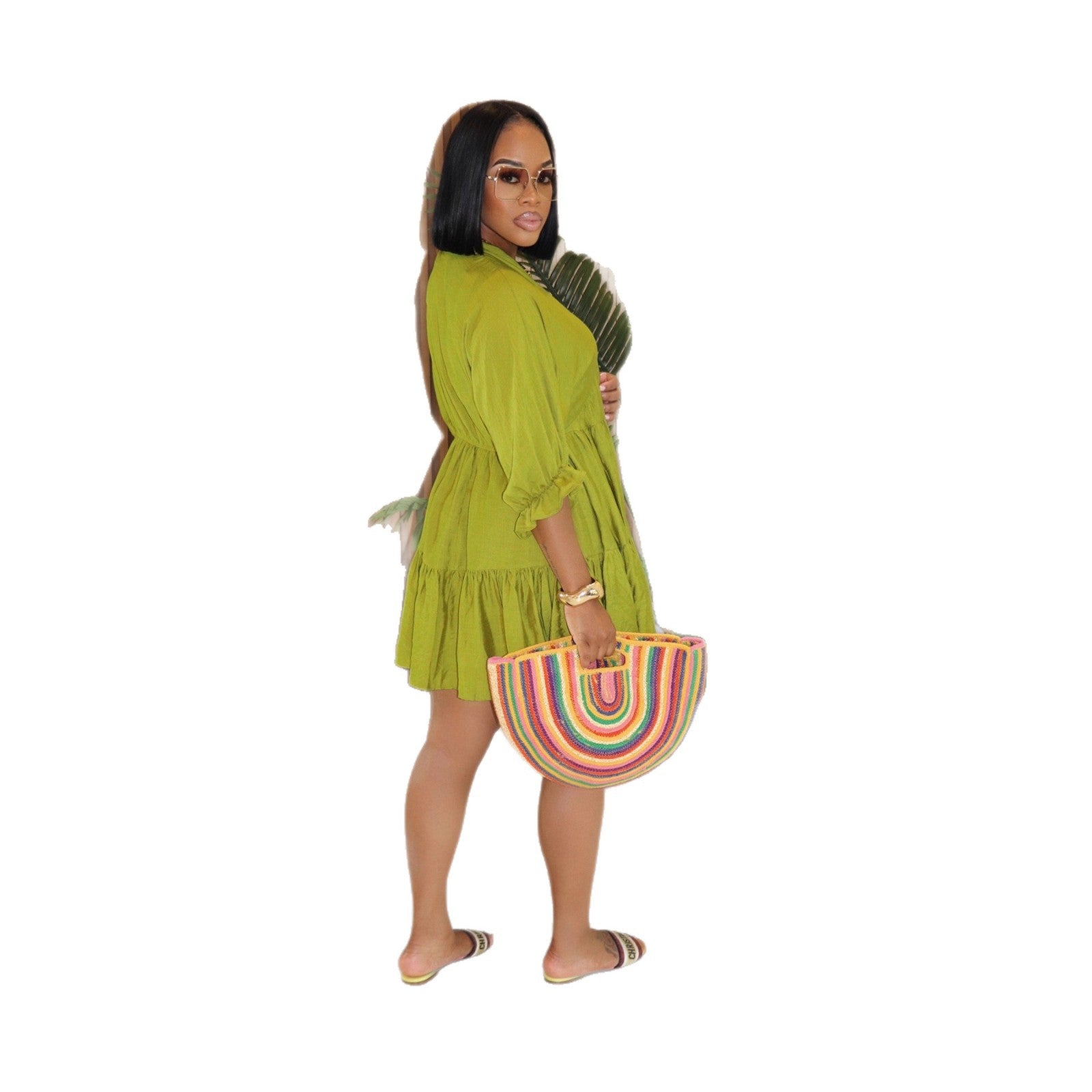 Women's Wear Solid Color Casual Loose Waist Sleeve Large Dress