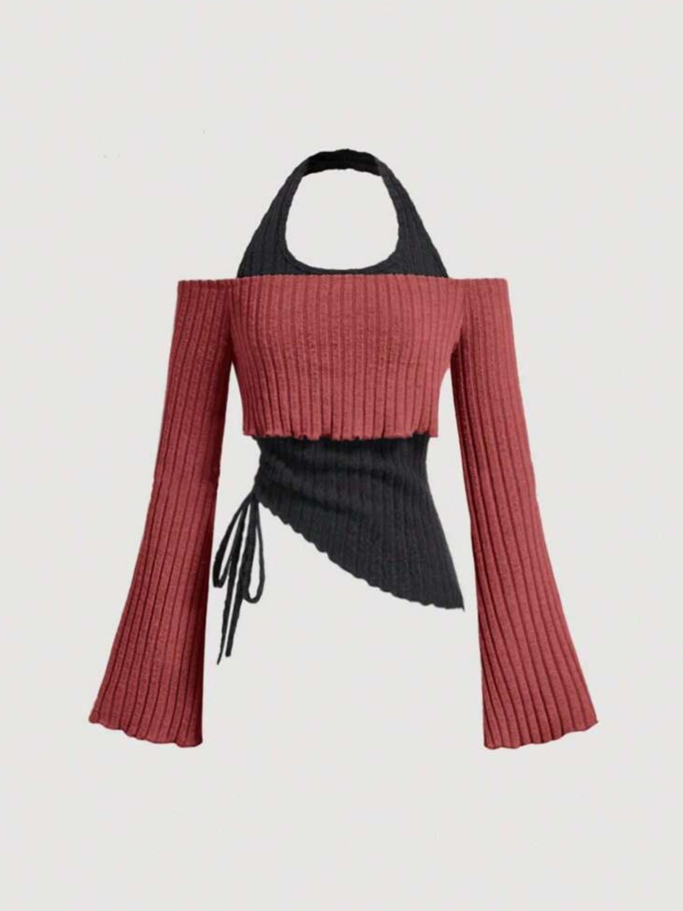 Women's Clothes Long Sleeve Contrast Colors Stitching Halter Women's T-shirt