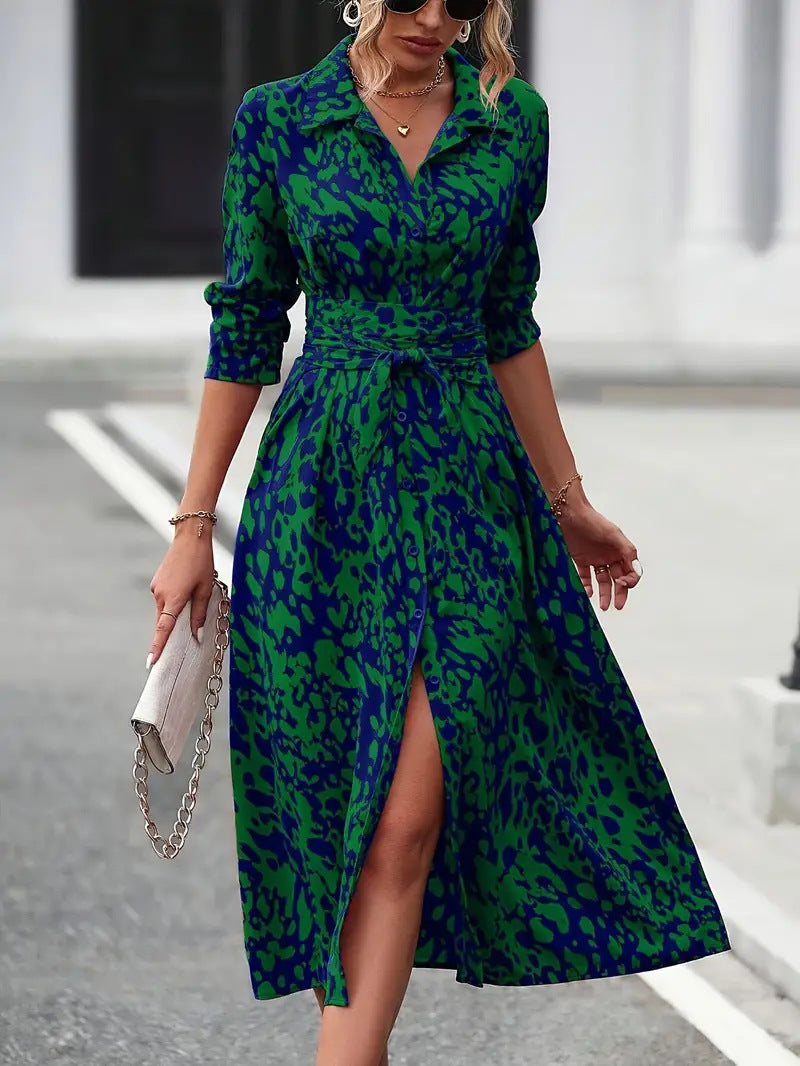 Printed Button Long Sleeve Waist A- Dress