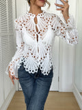 Fashion Sexy Cutout Lace Stand Collar Bell Sleeve Breathable Blouse