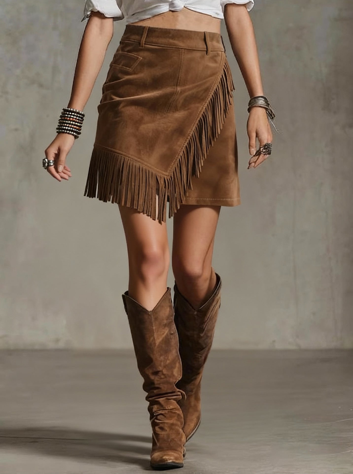 Women's Retro Western Style Suede Casual Asymmetric Tassel Hem Skirt