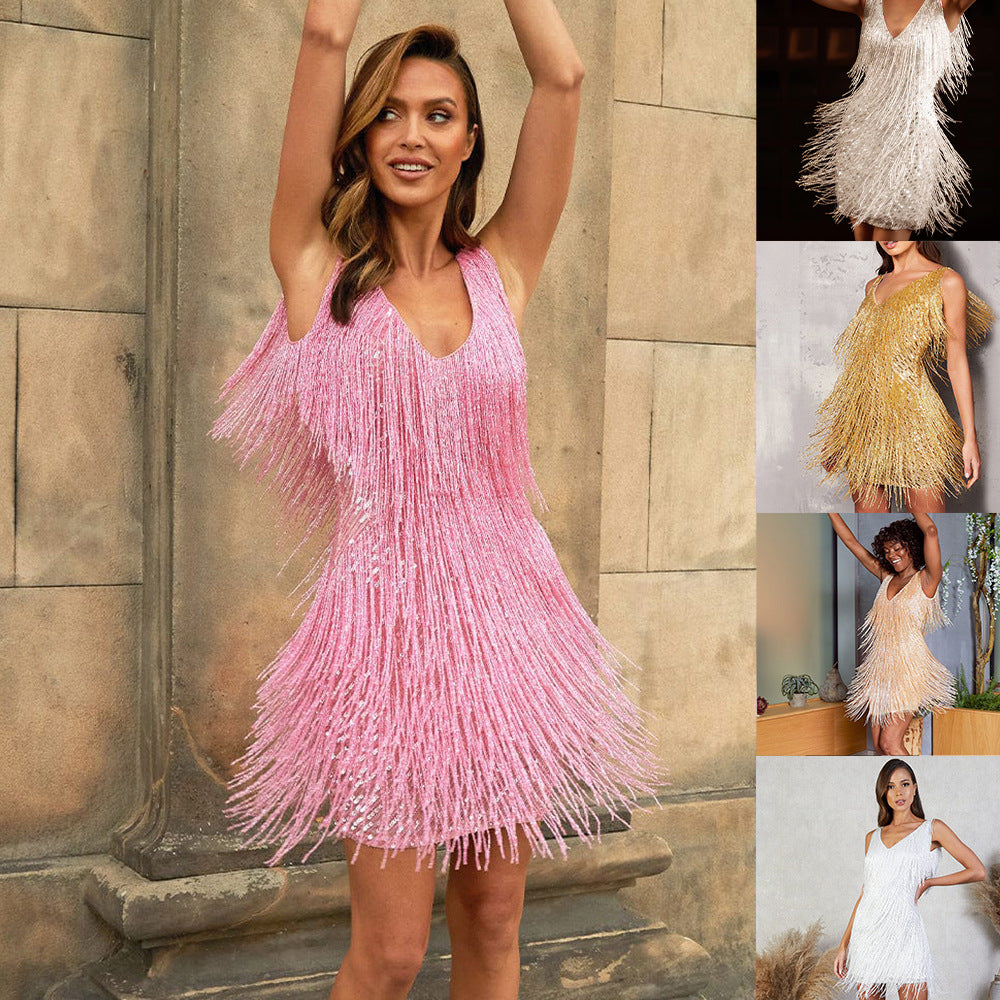 Graceful New Tassel Sequin Sleeveless Gown Dress
