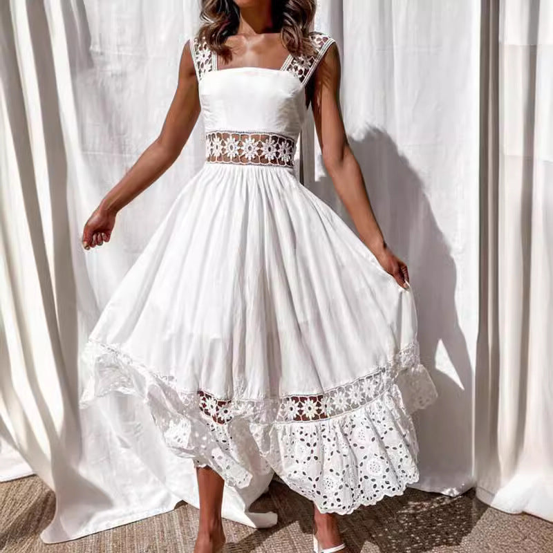 Fashion Lace Sleeveless Stitching Big Swing Dress