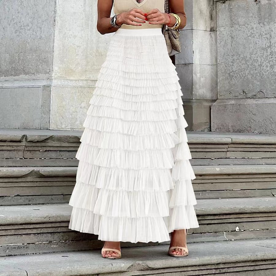 Women's French Style Long Autumn Elegant Solid Color High Waist Net Skirts