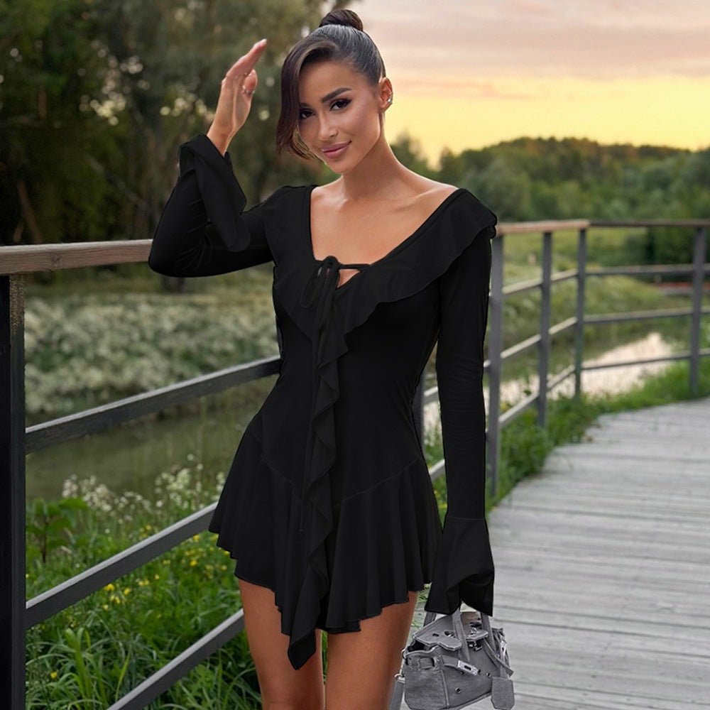 Women's Ruffled Pointed Collar Rope Flare Sleeve Dress