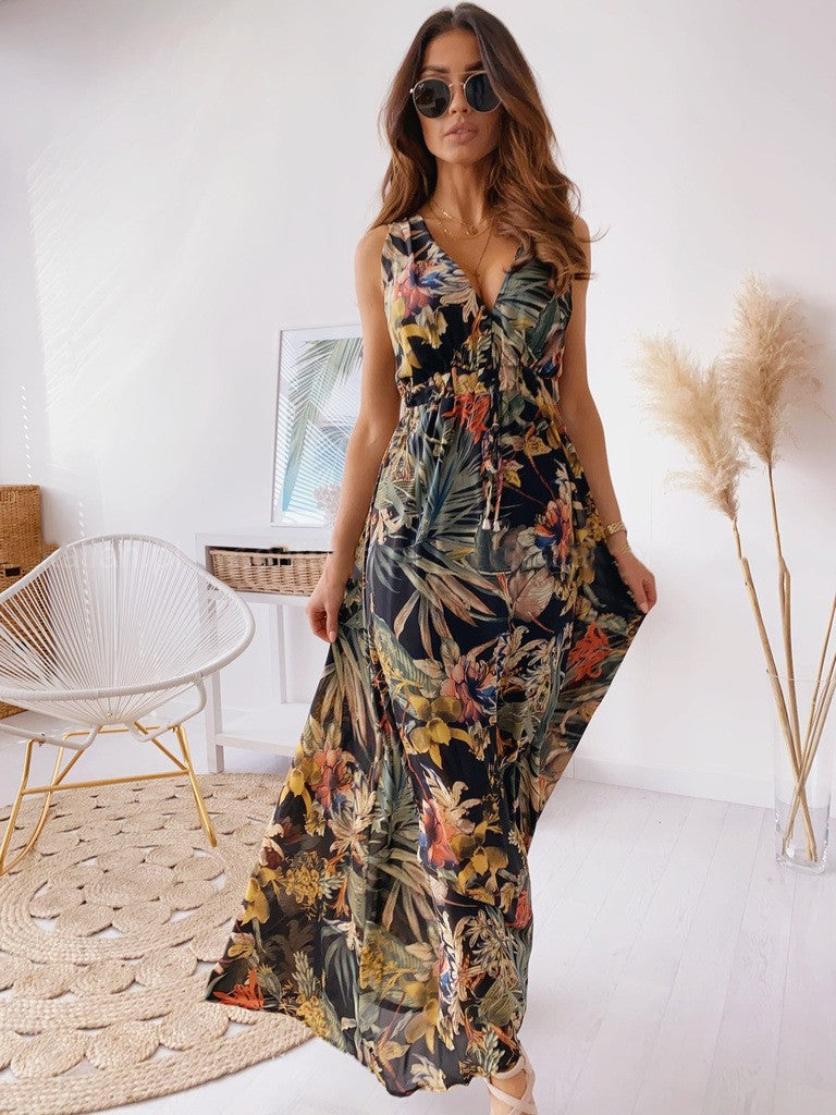 Trendy Summer Print Backless Lace Up Dress