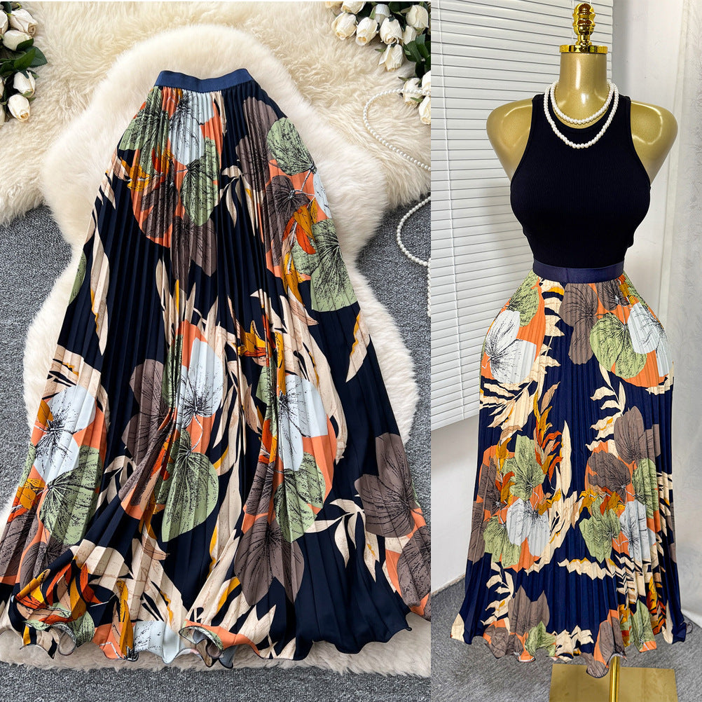 Women's Retro Printed High Waist A- Line Mid-length Pleated Large Hem Skirt
