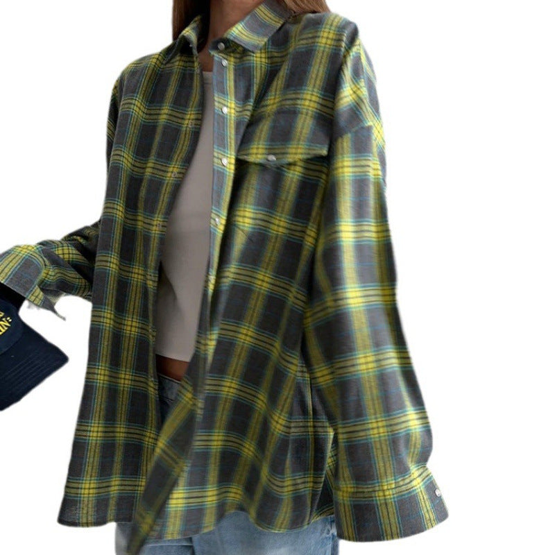 Women's Style Lapel Loose Shirt Autumn Plaid Long Blouse