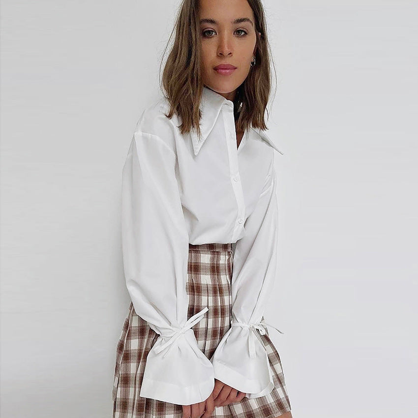 Women's Long-sleeved White Shirt Pointed Collar Temperament Commute Bow Design Blouse
