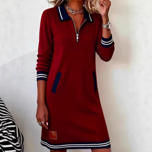 Women's Leisure Zipper Color Matching Midi Dress