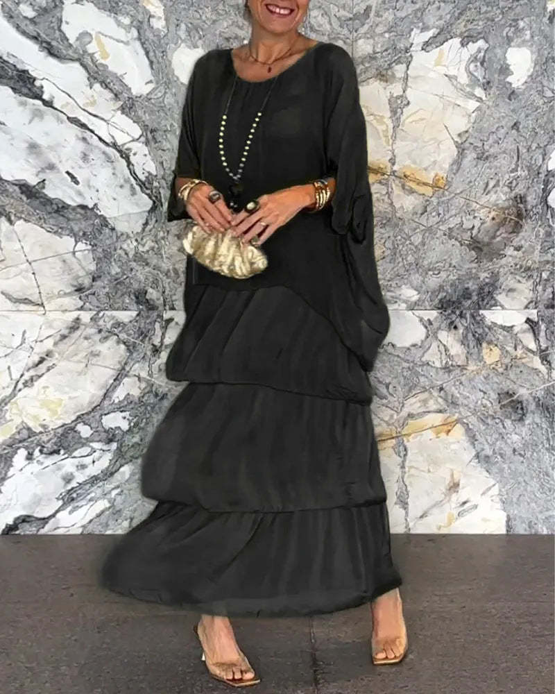 Fashion Chiffon Mesh Batwing Sleeve Long Dress