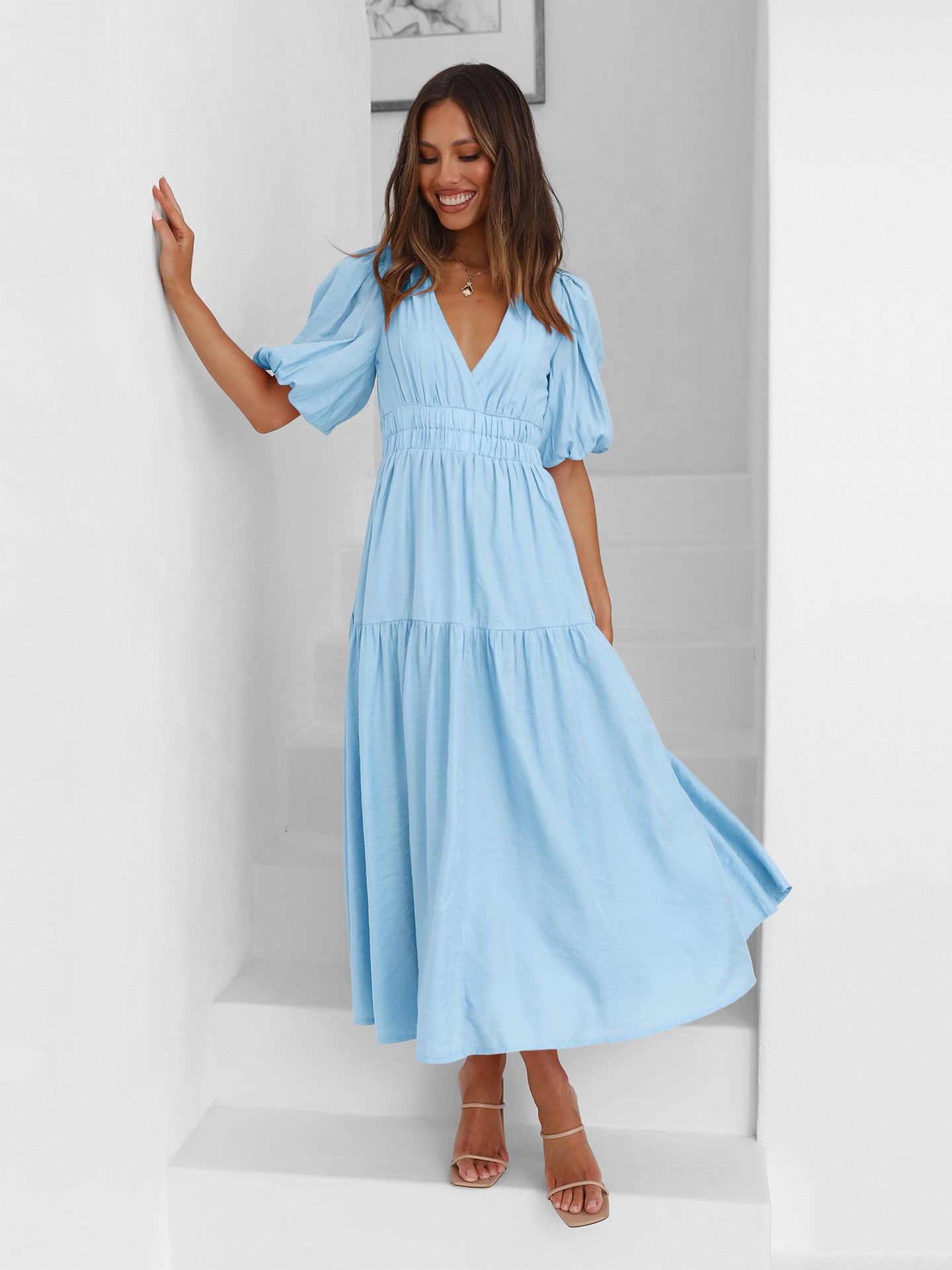 Women's High-grade Deep V Puff Sleeve Holiday Fashion Dress