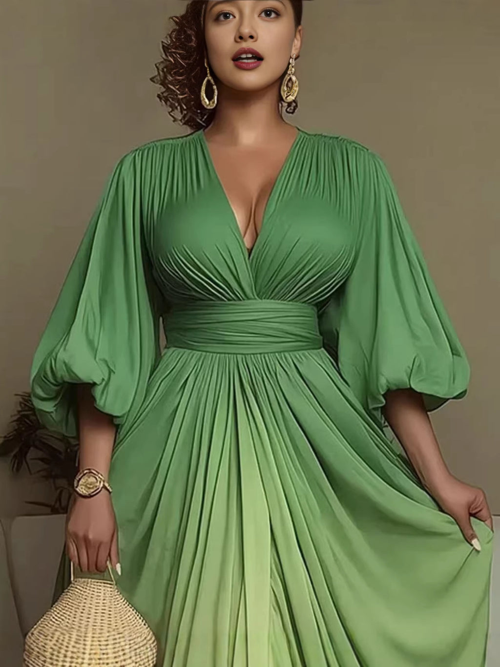 Fashion Temperament Printed Pleated Loose Slimming Large Dress