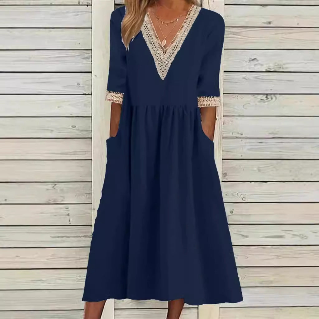 Women's Loose Cotton Linen Lace Collar Half Dress
