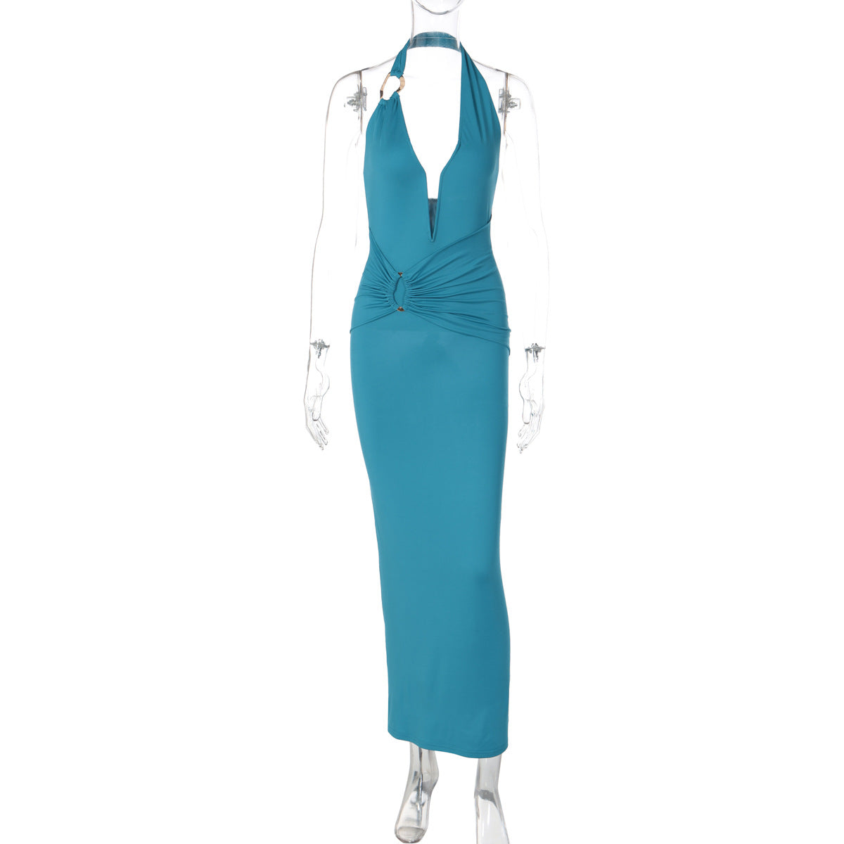 Women's Sexy Stitching Steel Ring Halter Slim Fit Pleated Patch Long Dress