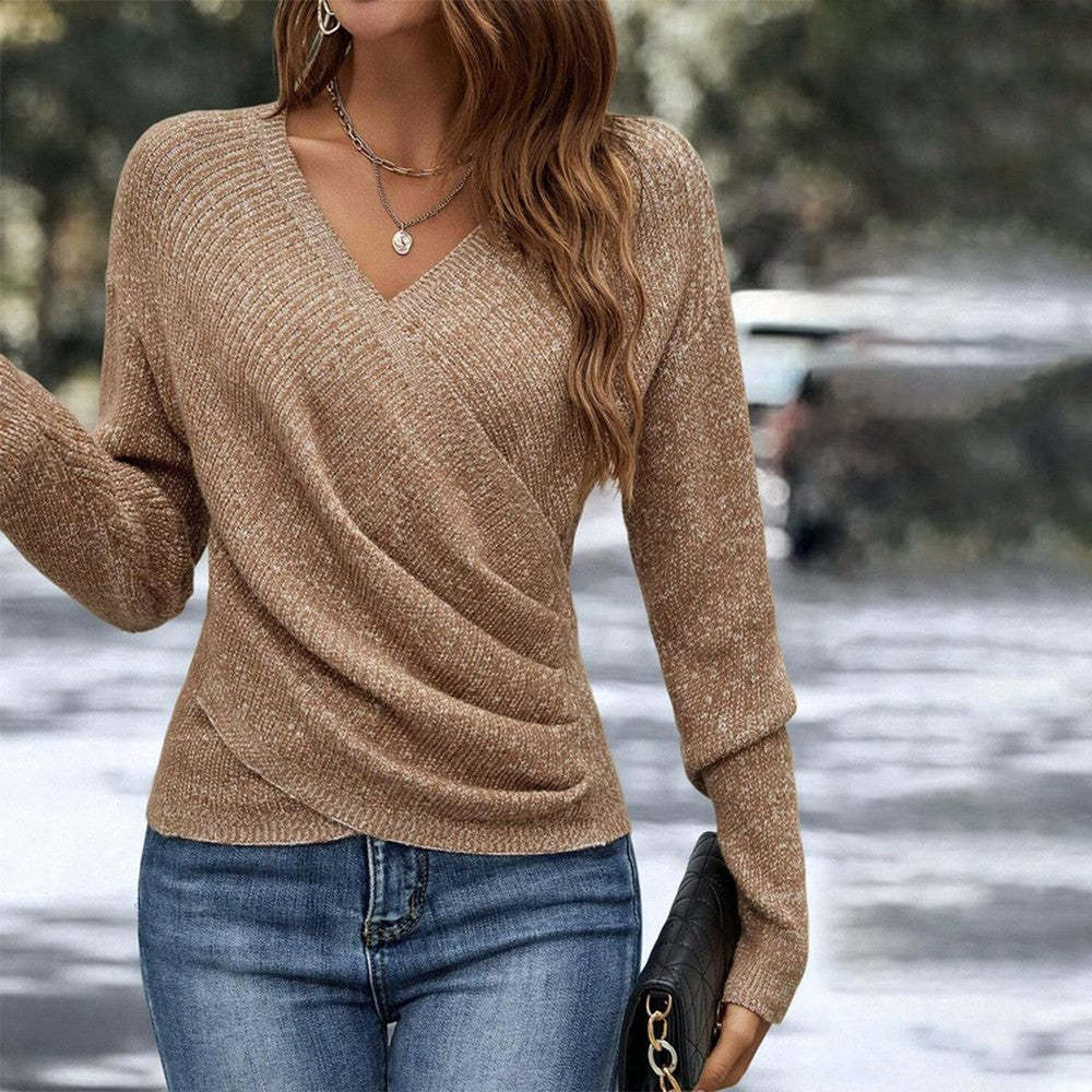 Women's Collar Long Sleeve Cross Solid Color Sweaters