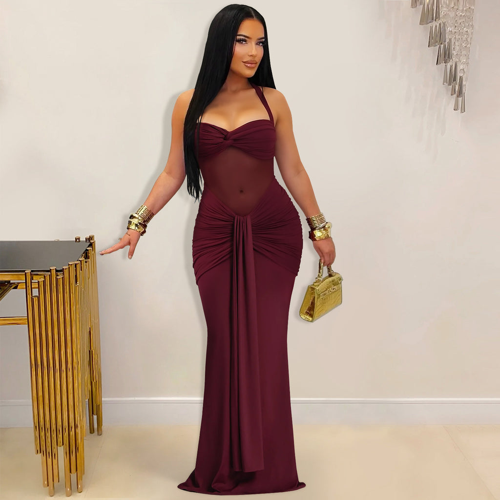 Women's Fashion Wear Sexy Mesh Halter Tied Dress