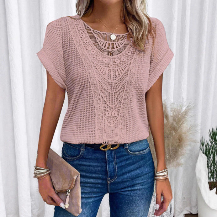 Fashion Beautiful Women's Lace Patchwork Short-sleeved Women's T-shirt
