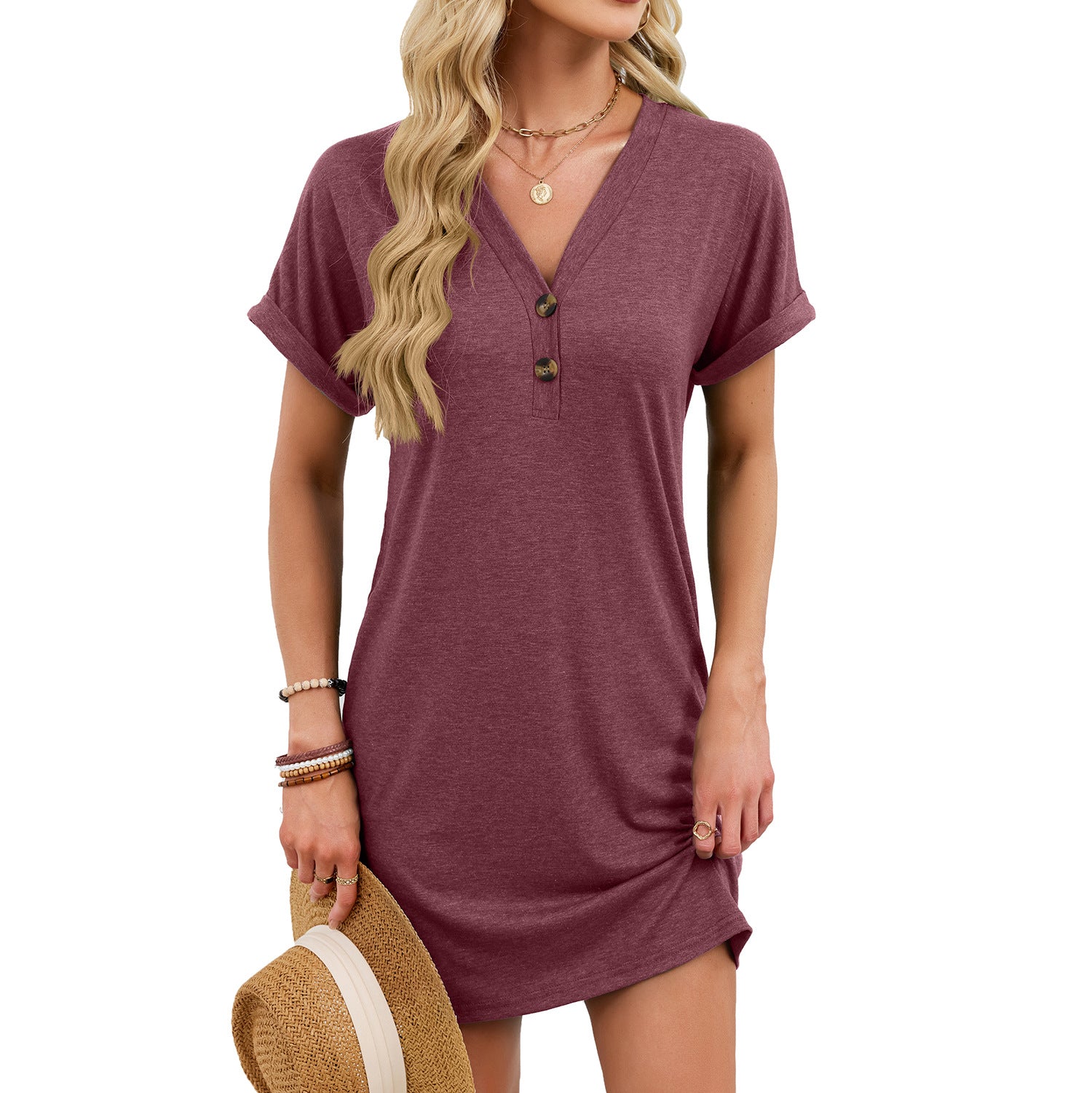 Women's Solid Color Button Sleeve T-shirt Dress