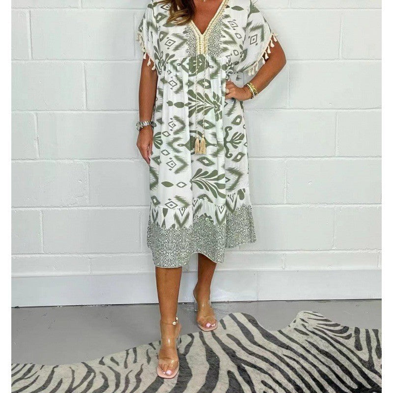 Women's Summer Fashion Printed Tassel Stitching Casual Dress