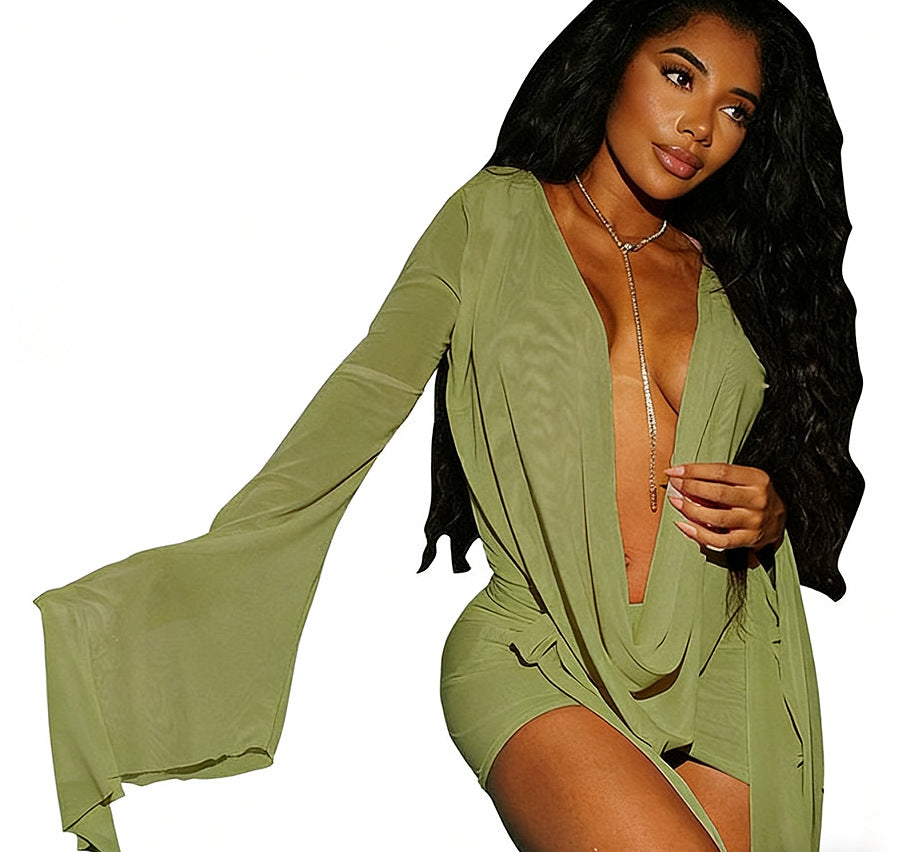 Women's Color Island Vacation Style Deep V Swing Collar Mesh Dress
