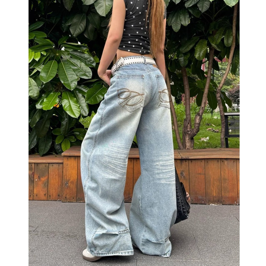 Women's Blue High Waist Wash Autumn Loose Wide Leg Women's Jeans