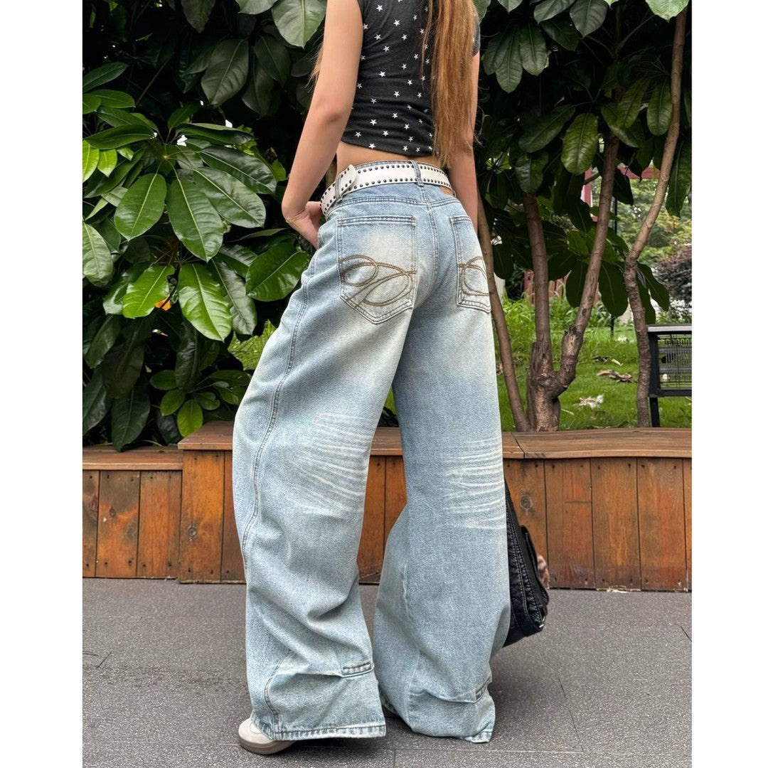 Women's Blue High Waist Wash Autumn Loose Wide Leg Women's Jeans