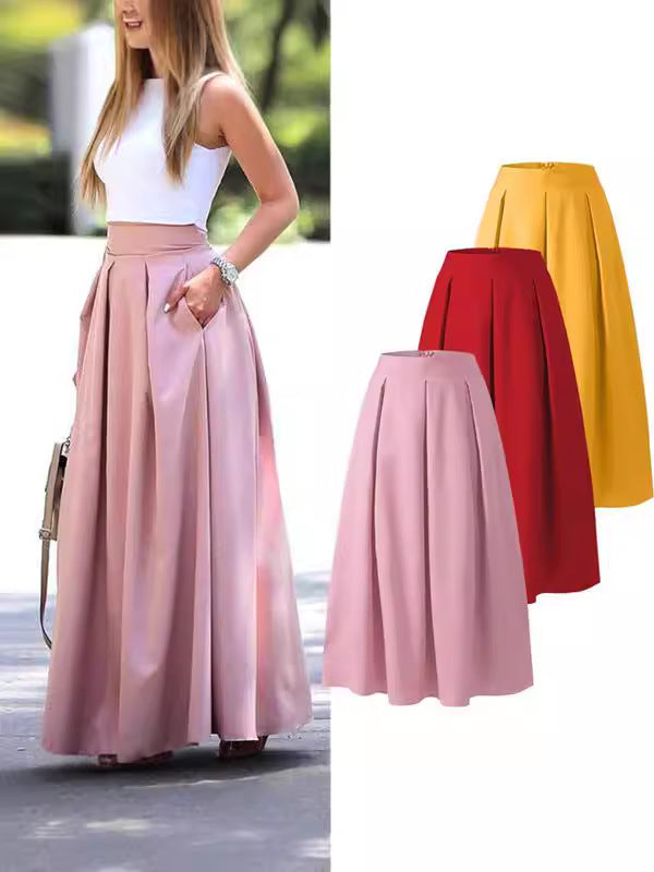 Women's Solid Fashion High Waist Pleated Maxi Skirt