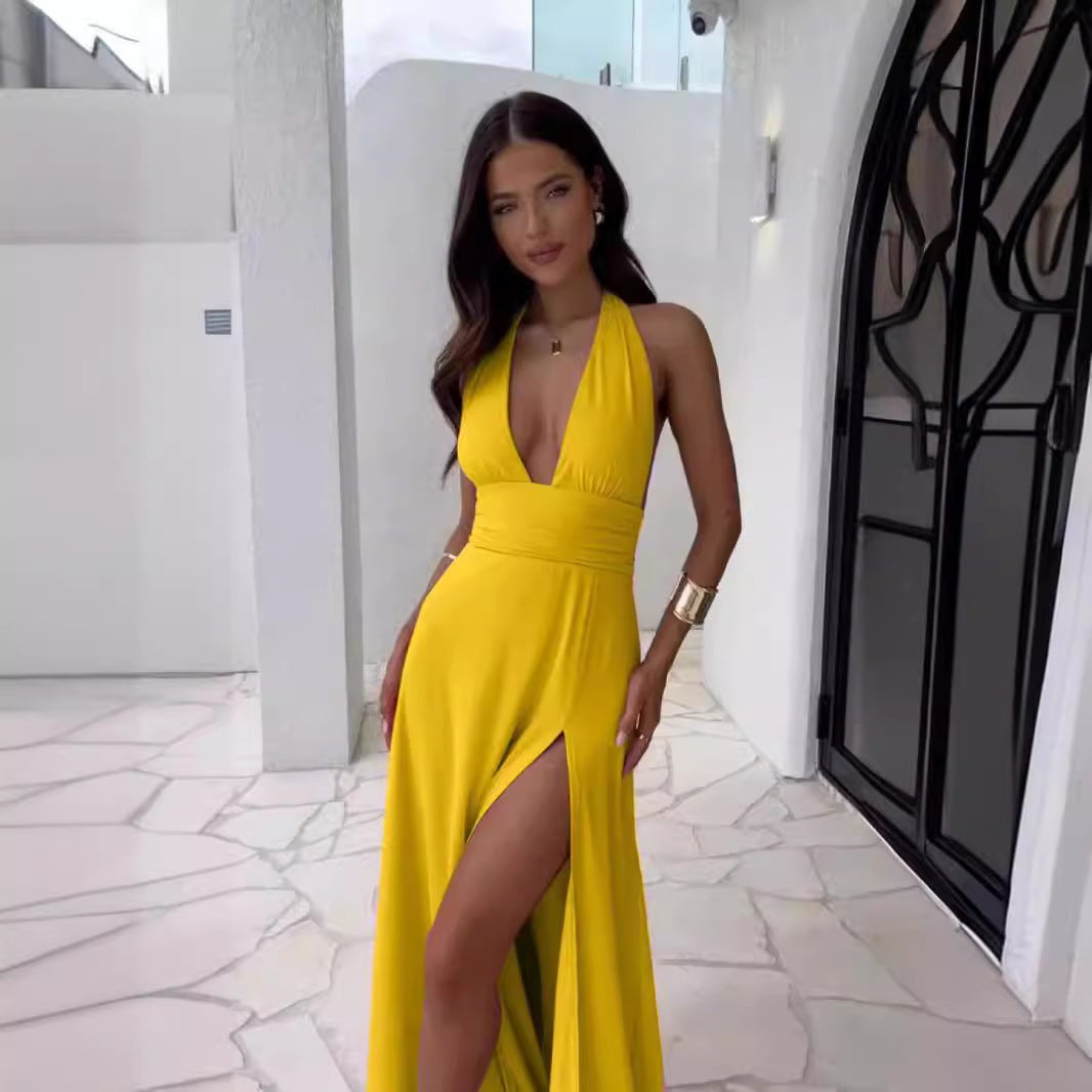 Women's Stand Elegant Halter Slit Long Solid Dress