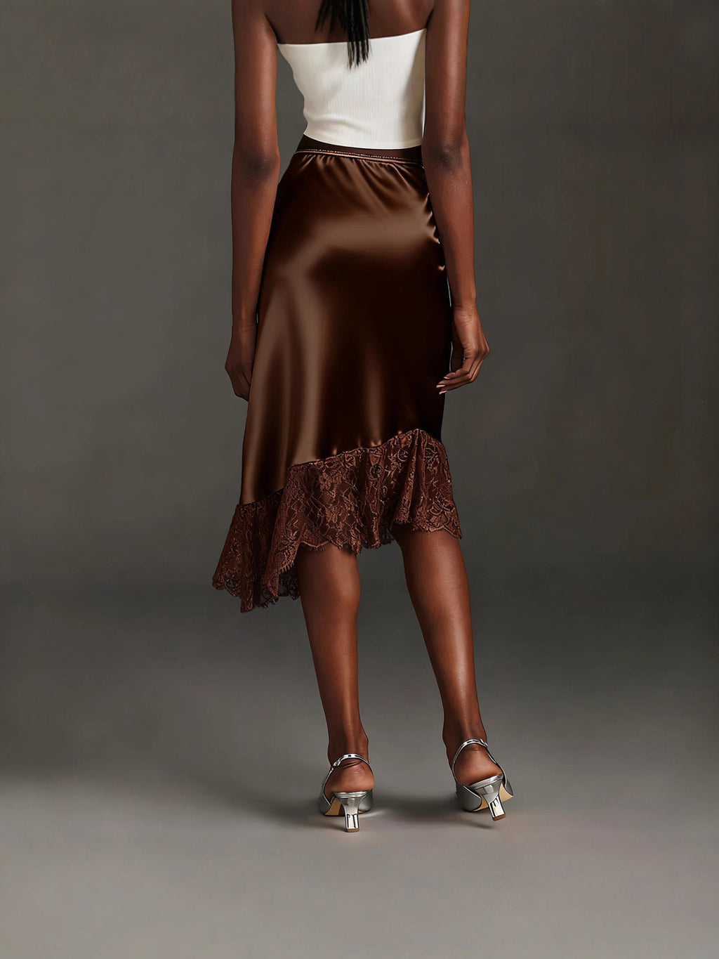 Women's Lace Stitching Summer Solid Color Satin Skirt