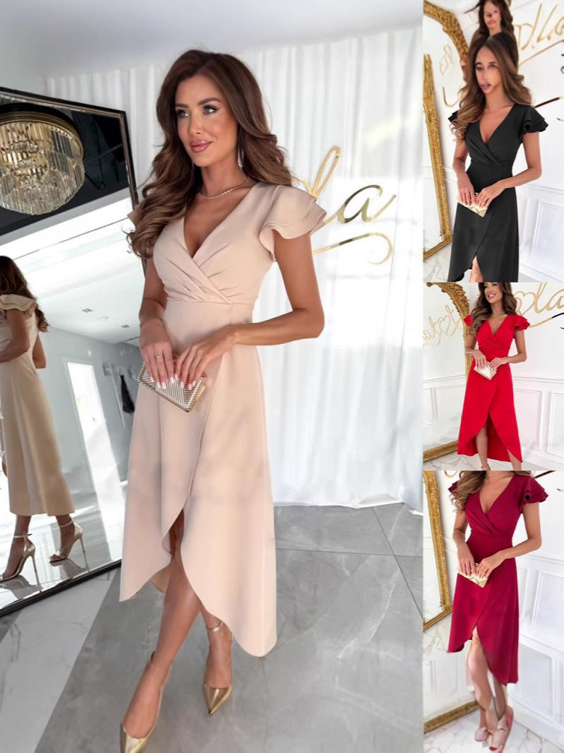 Summer Commuter Solid Color Waist Ruffle Dress