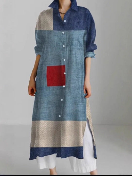 Women's Casual Abstract Printing Long Sleeve Slit Shirt Blouse