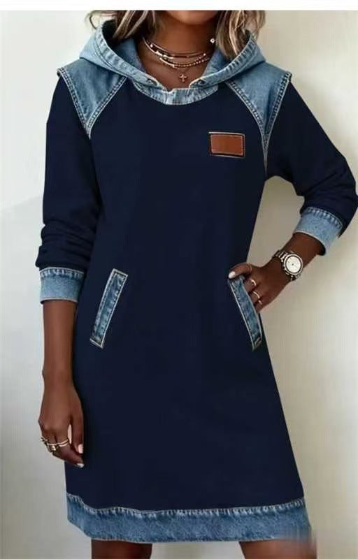 Denim Color Matching Ladies Hoodie Contrast Hat Dress