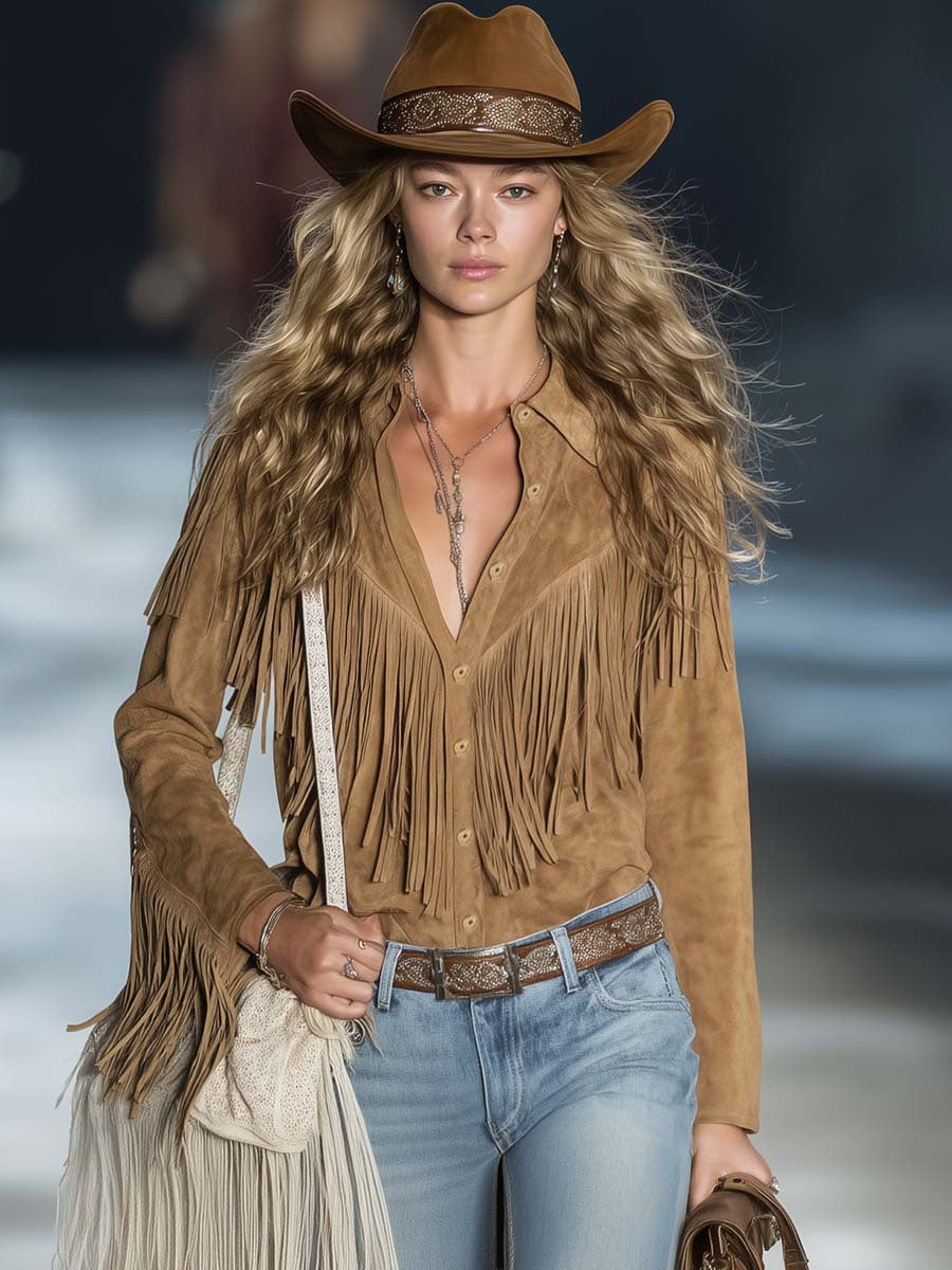 Women's Autumn Tassel Suede Solid Color Polo Blouse