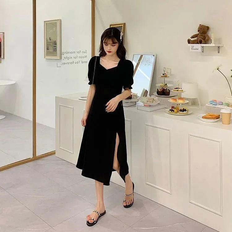 Large Slimming For Fat Temperament Square Collar Tight Waist Dress