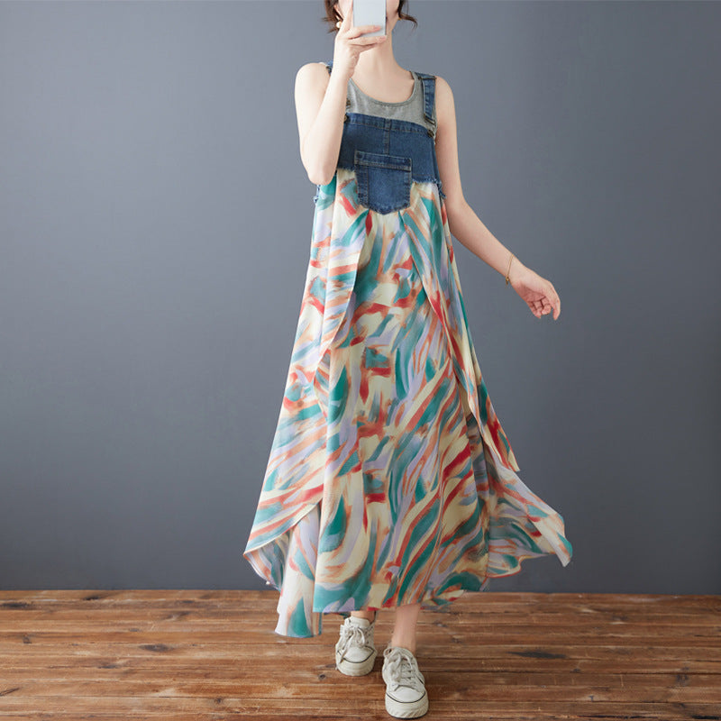 Color Loose Denim Stitching Floral Strap Dress