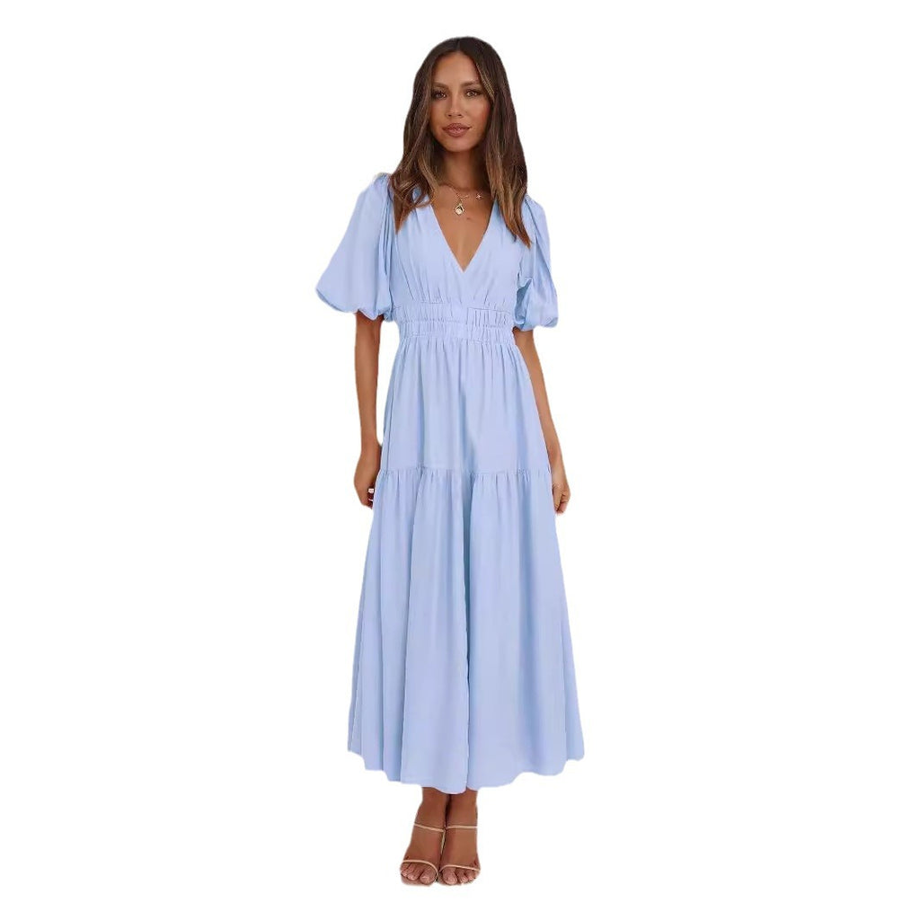 Women's Fashion Wear Summer High-grade Deep V Puff Sleeve Dress