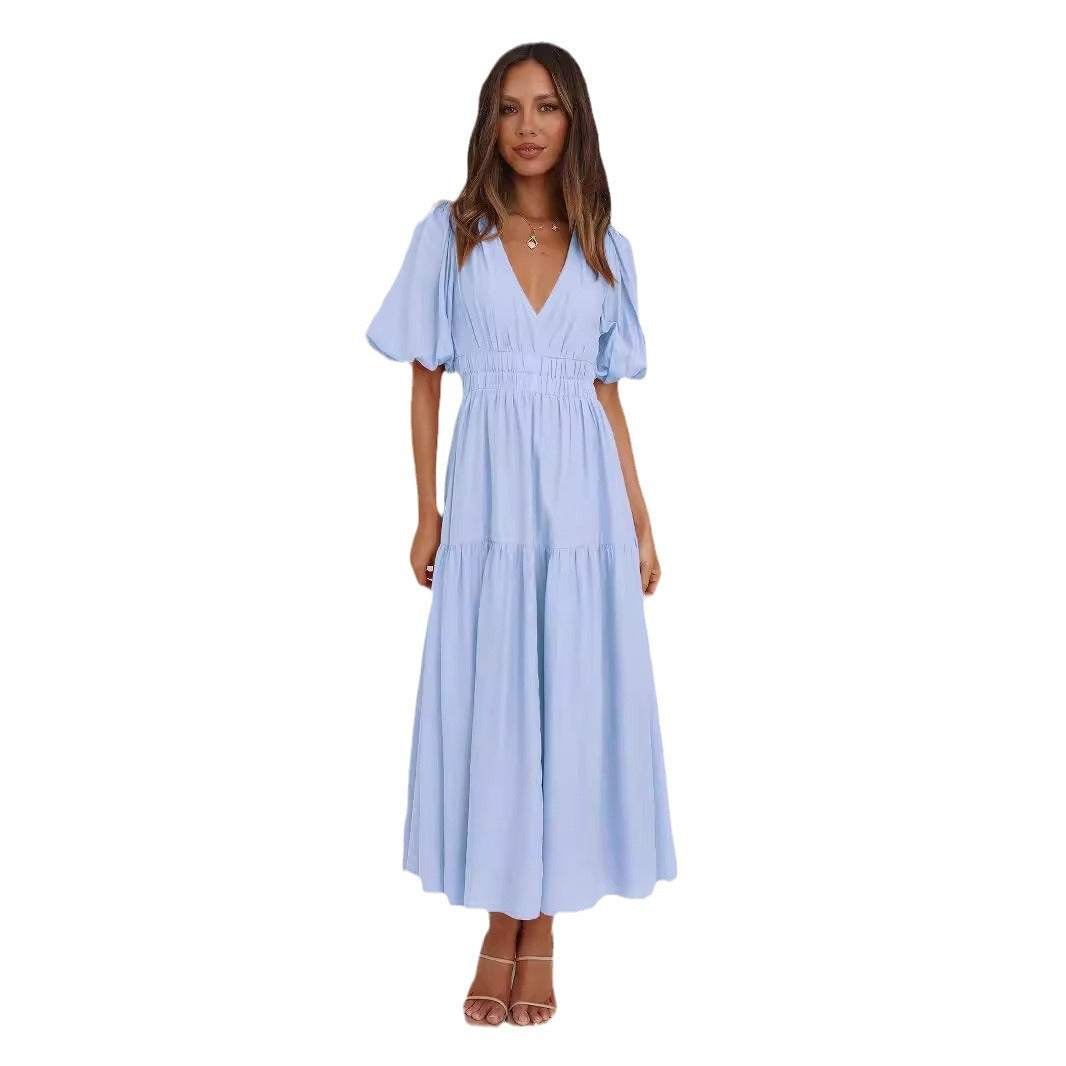 Women's Fashion Wear Summer High-grade Deep V Puff Sleeve Dress