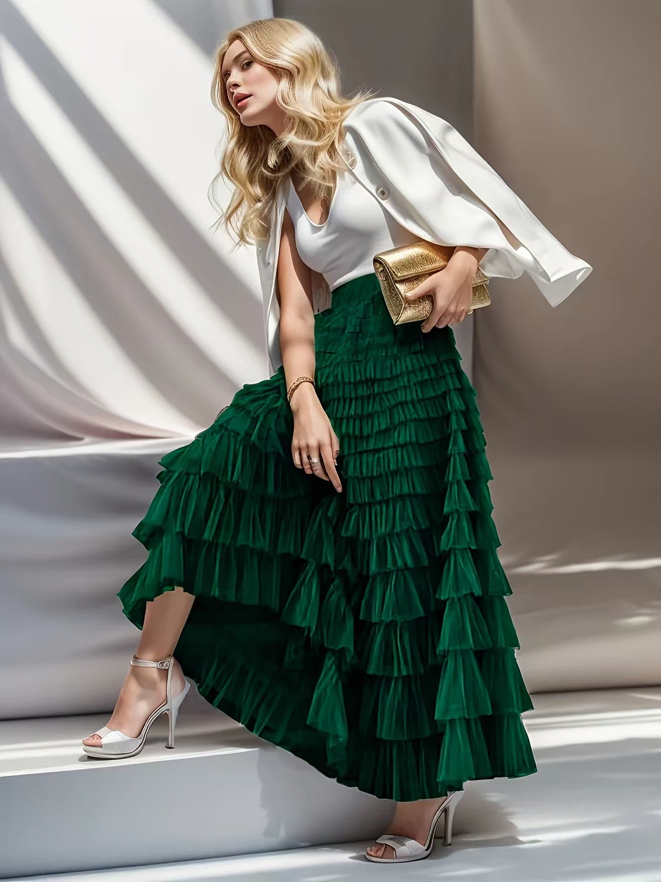 Women's French Style Long Autumn Elegant Solid Color High Waist Net Skirts