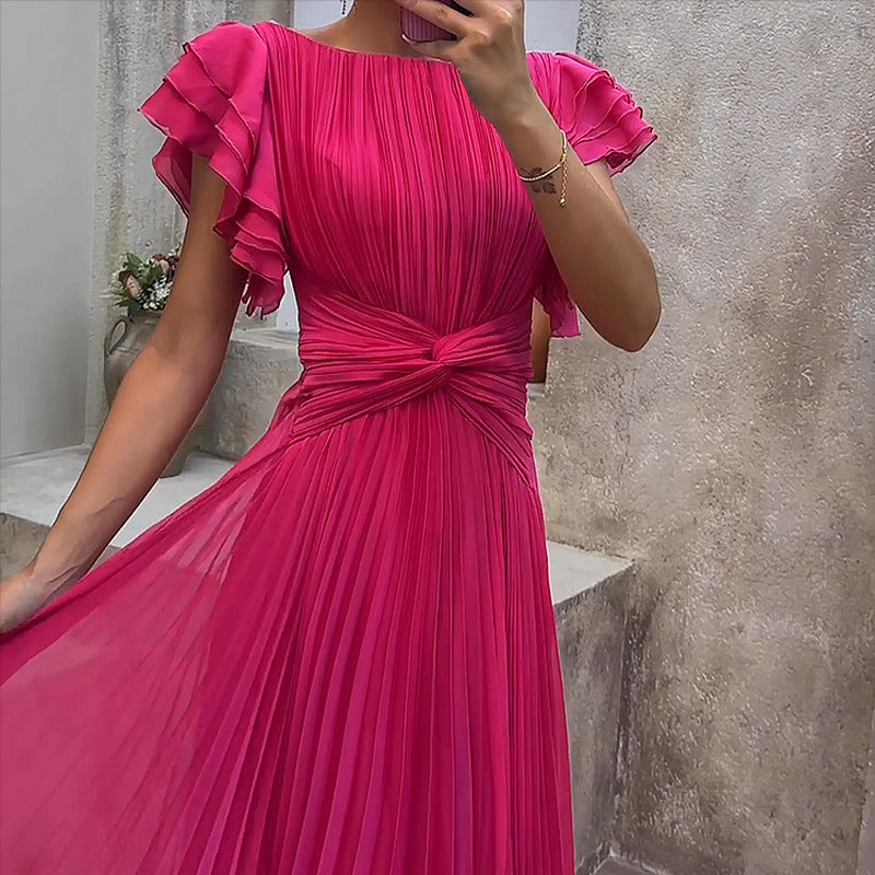 Fashion Round Neck Pleated Cross Solid Dress