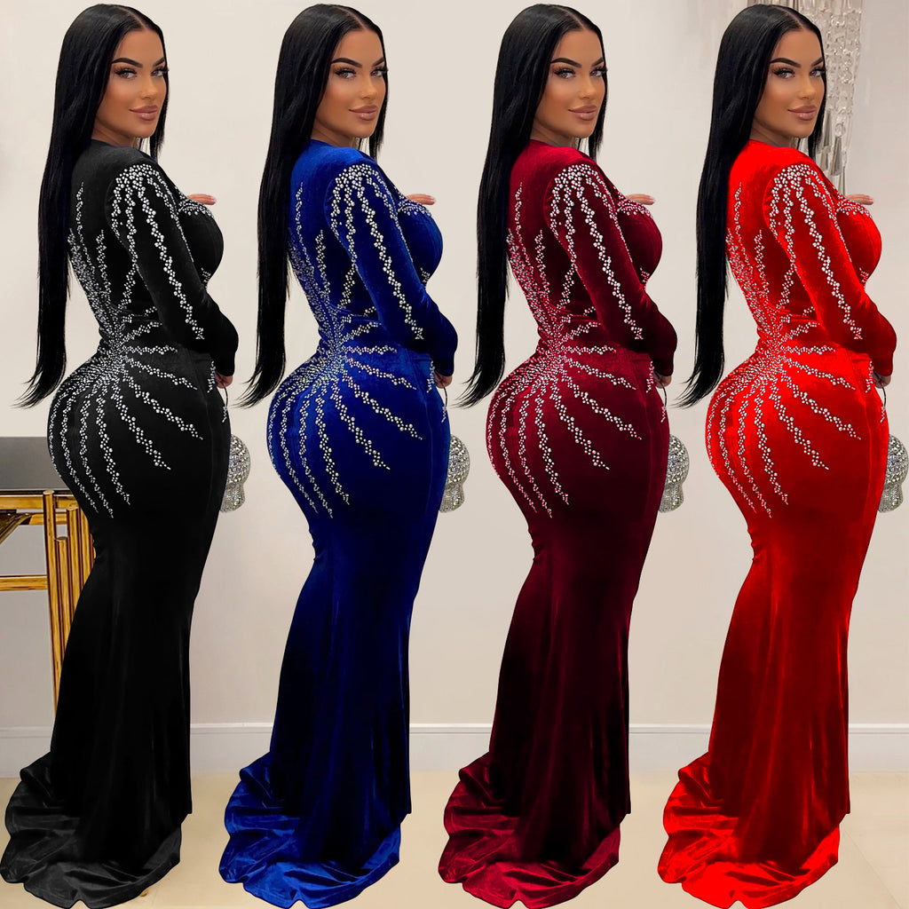 Women's Fashion Wear Solid Color Sexy Rhinestone Long Dress