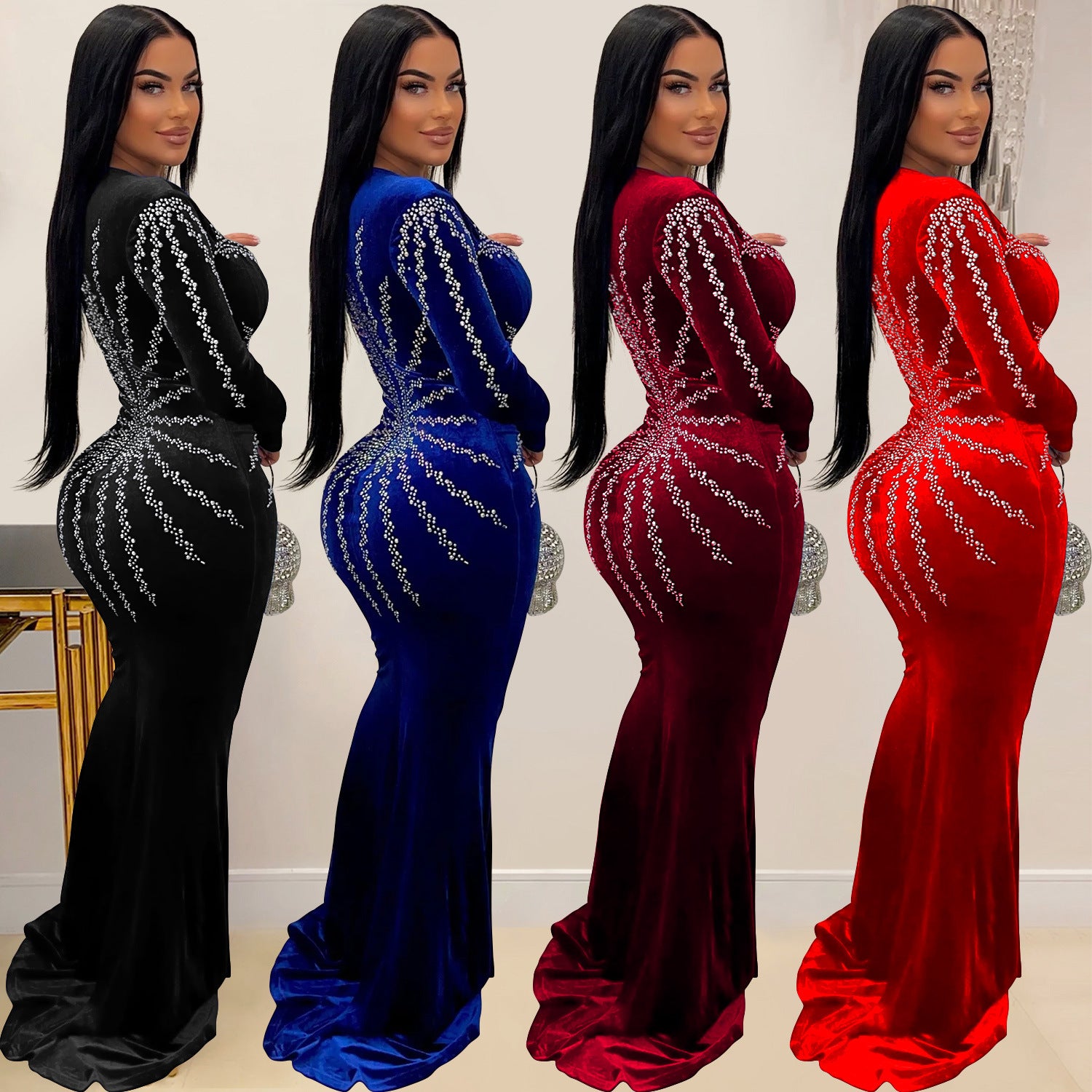 Women's Fashion Wear Solid Color Sexy Rhinestone Long Dress